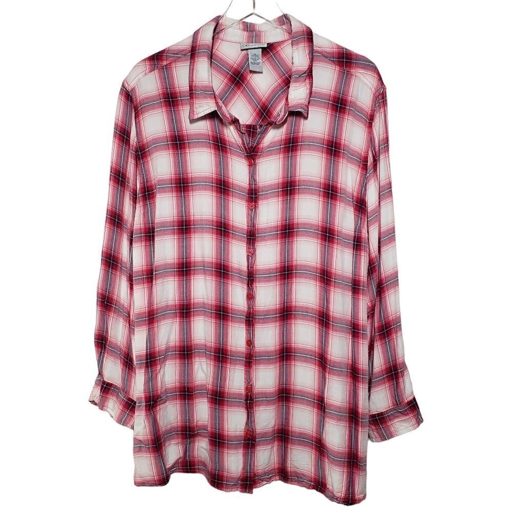 Catherines Plaid Shirt Rayon Roll Tab Red Long Sleeve Button Up Womens 2X
